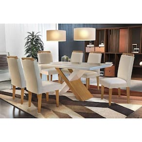 Conjunto: Mesa Sala Jantar Imperatriz Tampo Madeirado 180cm Canto Reto + 6 Cadeiras Athenas Imbuia/Creme - Rufato