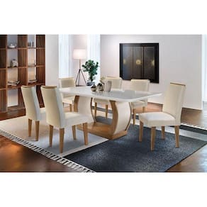 Conjunto: Mesa Sala Jantar Jade c/ Tampo Madeirado c/ Vidro Canto Curvo 180cm + 6 Cadeiras Lunara Imbuia/Veludo Creme - Rufato