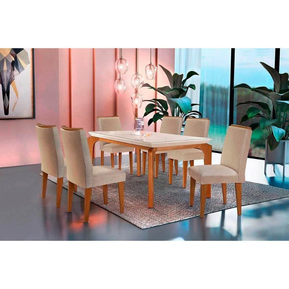 Sala de Jantar Completa Londrina Tampo Madeirado c/ Vidro 180cm + 6 Cadeiras Lunara Imbuia/Bege Turim - Rufato