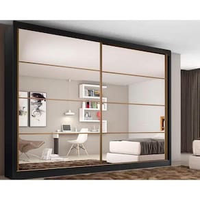 Guarda Roupa Casal Sevilha c/6 Gavetas e 2 Portas de Correr c/2 Espelhos Preto/Branco Acetinado - Europa