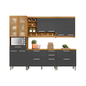 Kit de Cozinha Completa 4 Peças Burguesa Premium 5 Peças (2 Balcões + 2 Aéreos + 1 Paneleiro) C5P26 Freijo/Grafite - Nesher