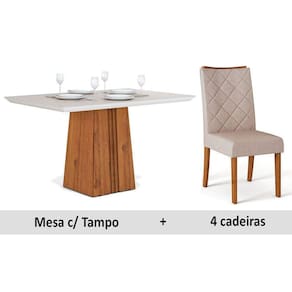 Conjunto: Mesa Sala Jantar Itália c/ Tampo Madeirado c/ Vidro 120cm + 4 Cadeiras Golden Terrara/OW/Claro - DJ Móveis