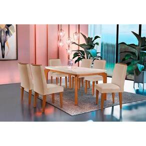 Conjunto: Mesa Sala Jantar Londrina Tampo Madeirado c/ Vidro 180cm + 6 Cadeiras Lunara Imbuia/Veludo Creme - Rufato