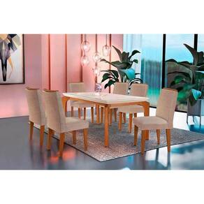 Conjunto: Mesa Sala Jantar Londrina Tampo Madeirado c/ Vidro 180cm + 6 Cadeiras Lunara Imbuia/Linho Esmeralda - Rufato