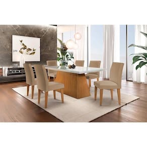 Conjunto: Mesa Sala Jantar Luna Tampo Madeirado c/ Vidro 180cm Canto Reto + 6 Cadeiras Grécia Imbuia/Turim - Rufato