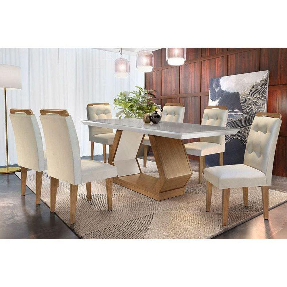 Sala de Jantar Completa Alvorada c/ Tampo Madeirado c/ Vidro Canto Reto 180cm + 6 Cadeiras Imperatriz Imbuia/Veludo Creme - Rufato