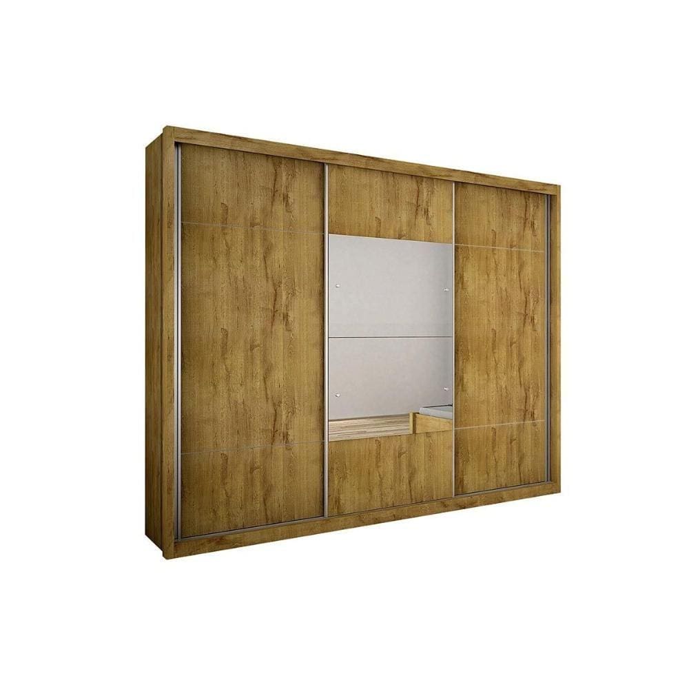 Guarda Roupa 3 Portas de Correr e 4 Gavetas c/ Espelho Arezzo Plus Cumaru - Novo Horizonte