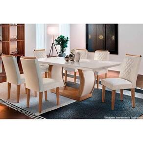 Sala de Jantar Completa Jade c/ Tampo Madeirado Canto Reto 180cm + 6 Cadeiras Jade Imbuia/Veludo Creme - Rufato