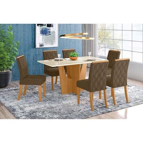 Conjunto: Mesa Sala Jantar Vértice c/ Tampo Madeirado 160cm + 6 Cadeiras Vita Nature/Veludo Light Bege Vanilla - Henn