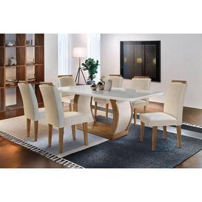Conjunto: Mesa Sala Jantar Jade c/ Tampo Madeirado c/ Vidro Canto Curvo 180cm + 6 Cadeiras Athenas Imbuia/Veludo Creme - Rufato