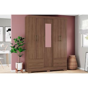 Guarda Roupa Solteiro 5 Portas e 2 Gavetas c/ Espelho e Pés Briz B60 Castanho - Henn