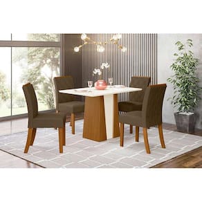 Sala de Jantar Completa Orus c/ Tampo Madeirado 120cm + 4 Cadeiras Vita Nature/Veludo Light Bege Vanilla - Henn