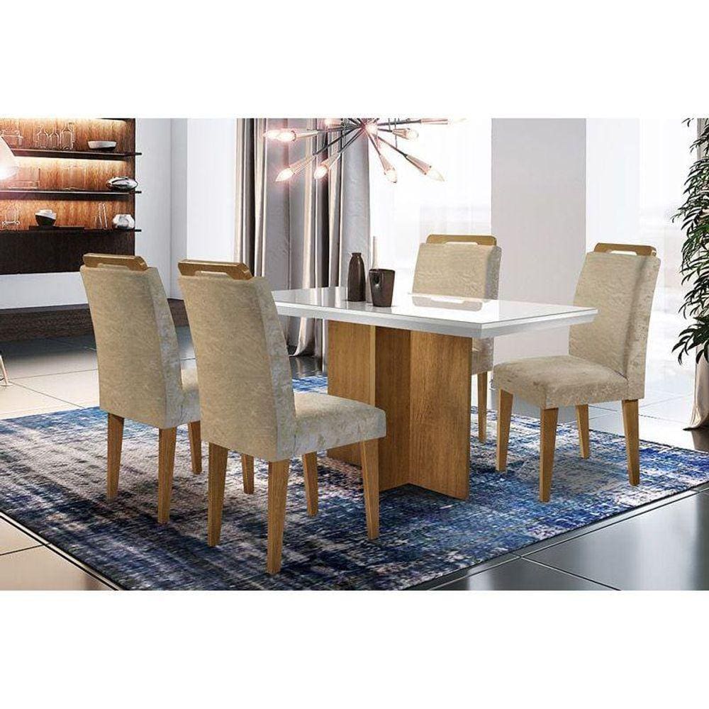 Sala de Jantar Completa Berlim c/ Tampo Madeirado c/ Vidro Canto Reto 120cm + 4 Cadeiras Athenas Imbuia/Capuccino Chocolate - Rufato