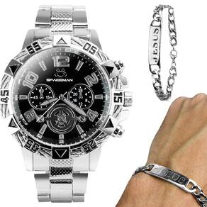 Relógio Masculino Prateado Aço Inoxidável Fundo Preto + Pulseira Pai Nosso Garantia