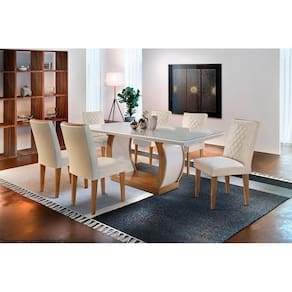Sala de Jantar Completa Jade Tampo Madeirado c/ Vidro Canto Reto 180x90cm e 6 Cadeiras Jade Imbuia/OW/Creme - Rufato