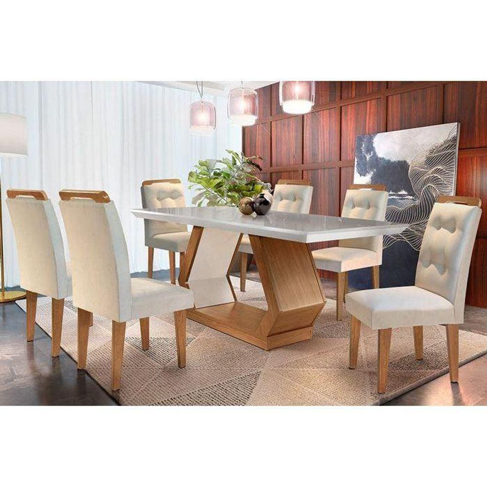 Sala de Jantar Completa Alvorada c/ Tampo Madeirado Canto Reto 180cm + 6 Cadeiras Imperatriz Imbuia/Veludo Creme - Rufato
