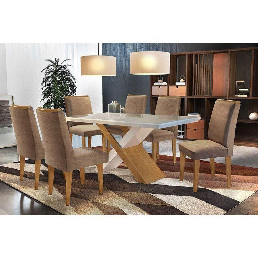 Sala de Jantar Completa Imperatriz c/ Tampo Madeirado Canto Reto 180cm + 6 Cadeiras Lunara Imbuia/Chocolate Capuccino - Rufato