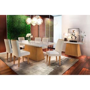 Sala de Jantar Completa Luna c/ Tampo Madeirado c/ Vidro Canto Reto 180cm + 6 Cadeiras Lunara Imbuia/Veludo Creme - Rufato