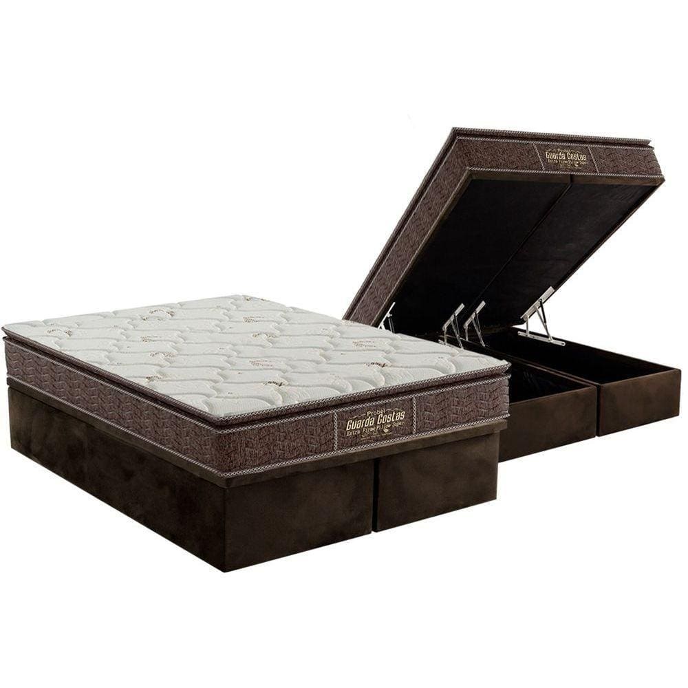 Cama Box Baú Queen: Colchão Ortopédico Probel Guarda Costas Extra Firme + Base CRC Suede Brown(158x198)