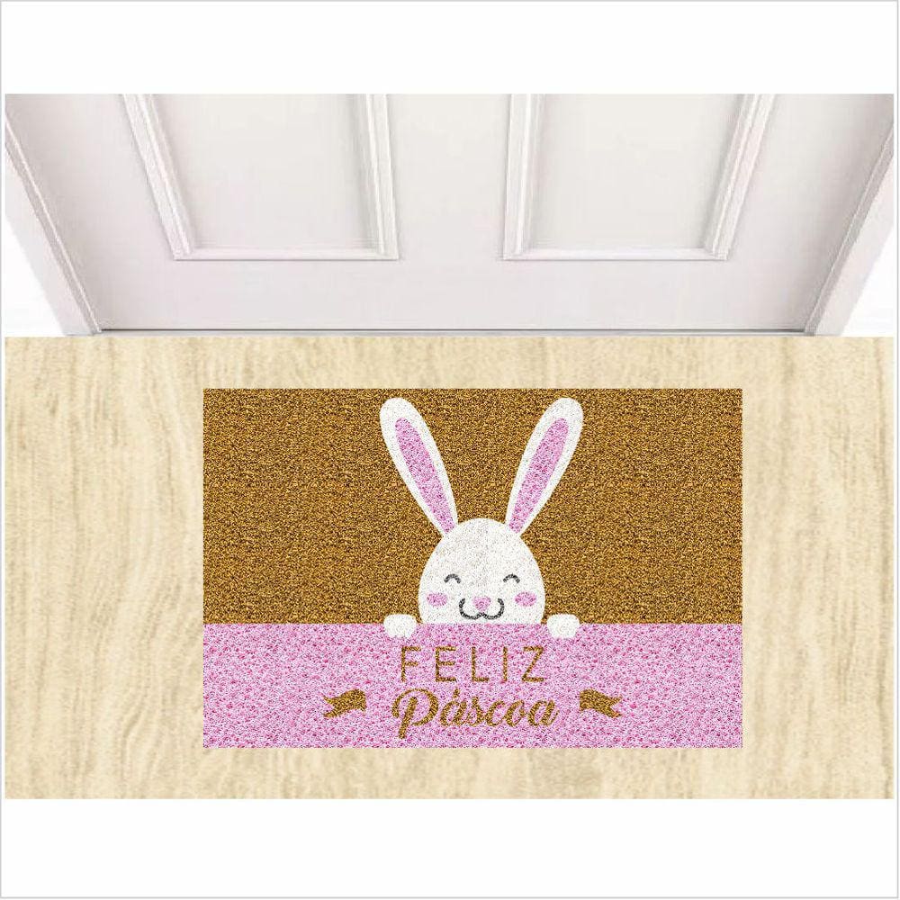 Tapete Capacho Feliza Páscoa. Cor ouro
