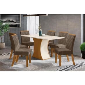 Sala de Jantar Completa Luiza c/ Tampo Madeirado c/ Vidro Canto Reto 160cm + 6 Cadeiras Vita Nature/Veludo Light Bege Vanilla - Henn