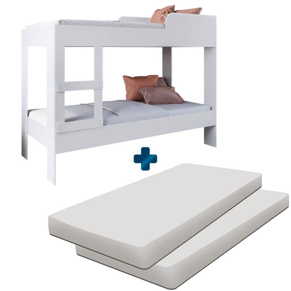 Cama Beliche Com 2 Colchões Solteiro Branco Yanca Shop JM - Branco