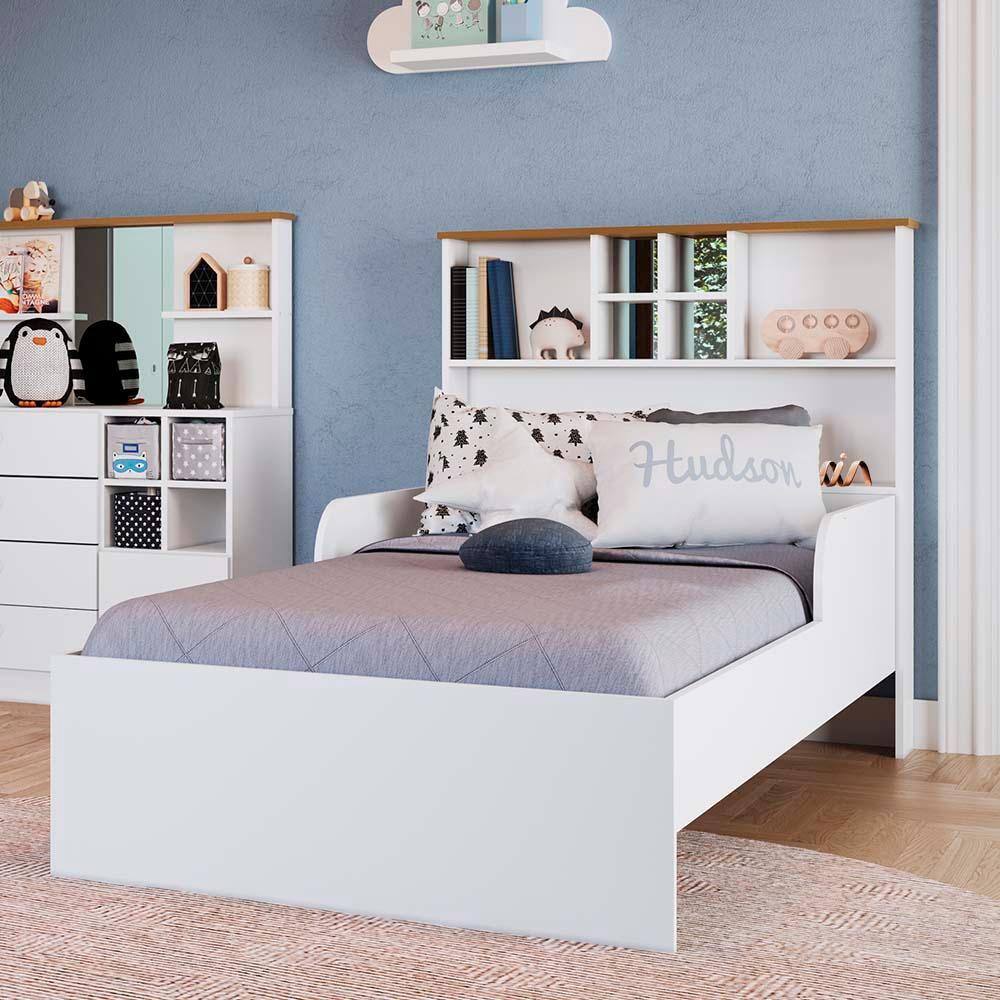 Cama Solteiro Com Prateleiras E Espelho Branco Mirror Shop JM - Branco