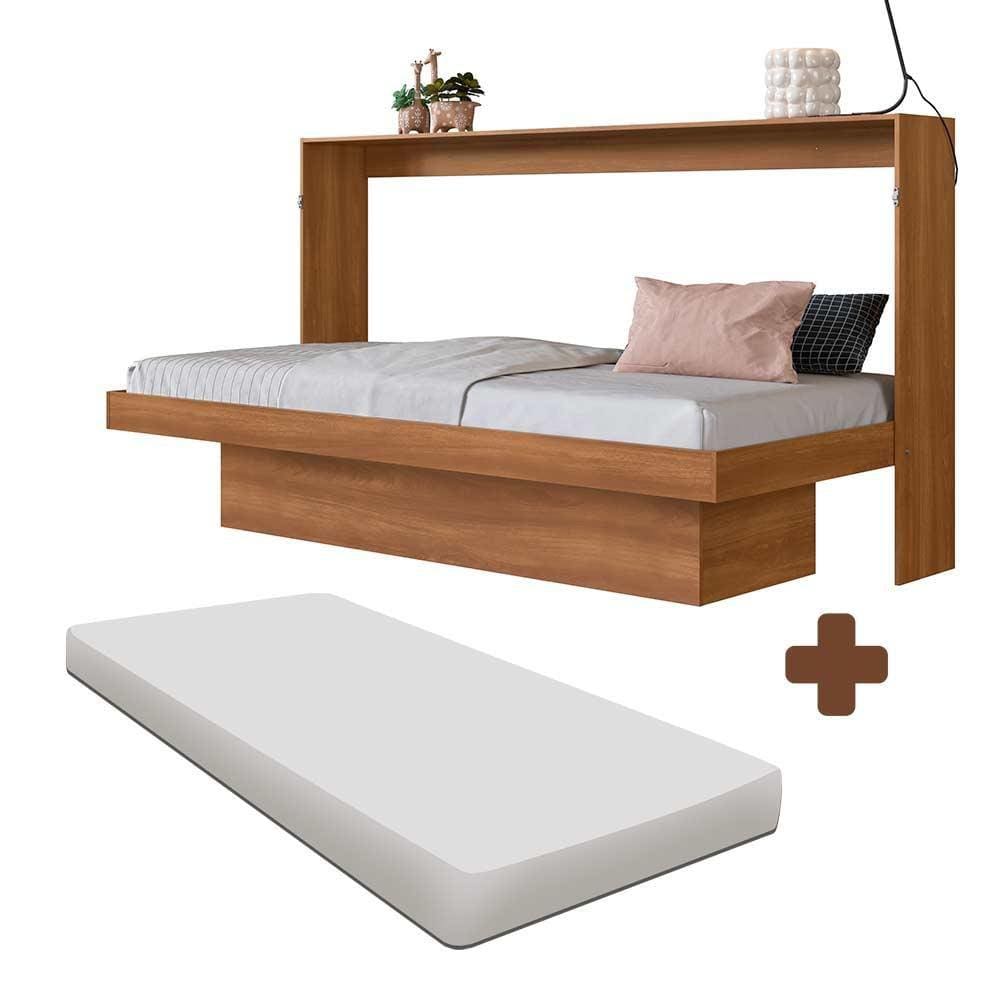 Cama Solteiro Articulável De Parede Nogal Com Colchão Latino Art In Móveis - Marrom