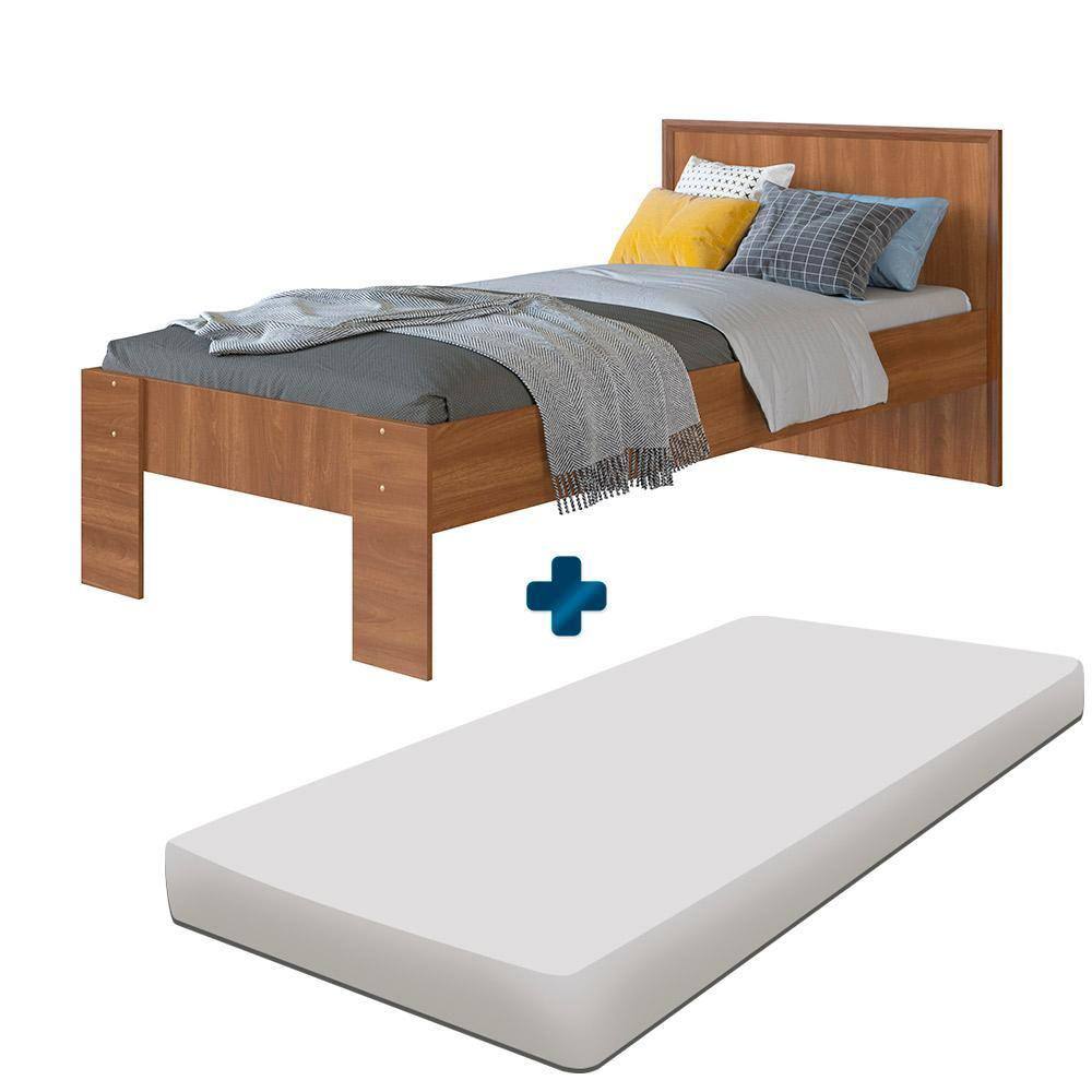 Cama Solteiro Moderna Com Colchão Nogal Lomita Shop JM - Marrom