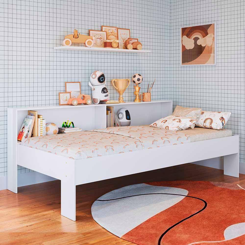 Cama Solteiro Com Prateleiras E Colchão Branco San Diego Art In Móveis - Branco
