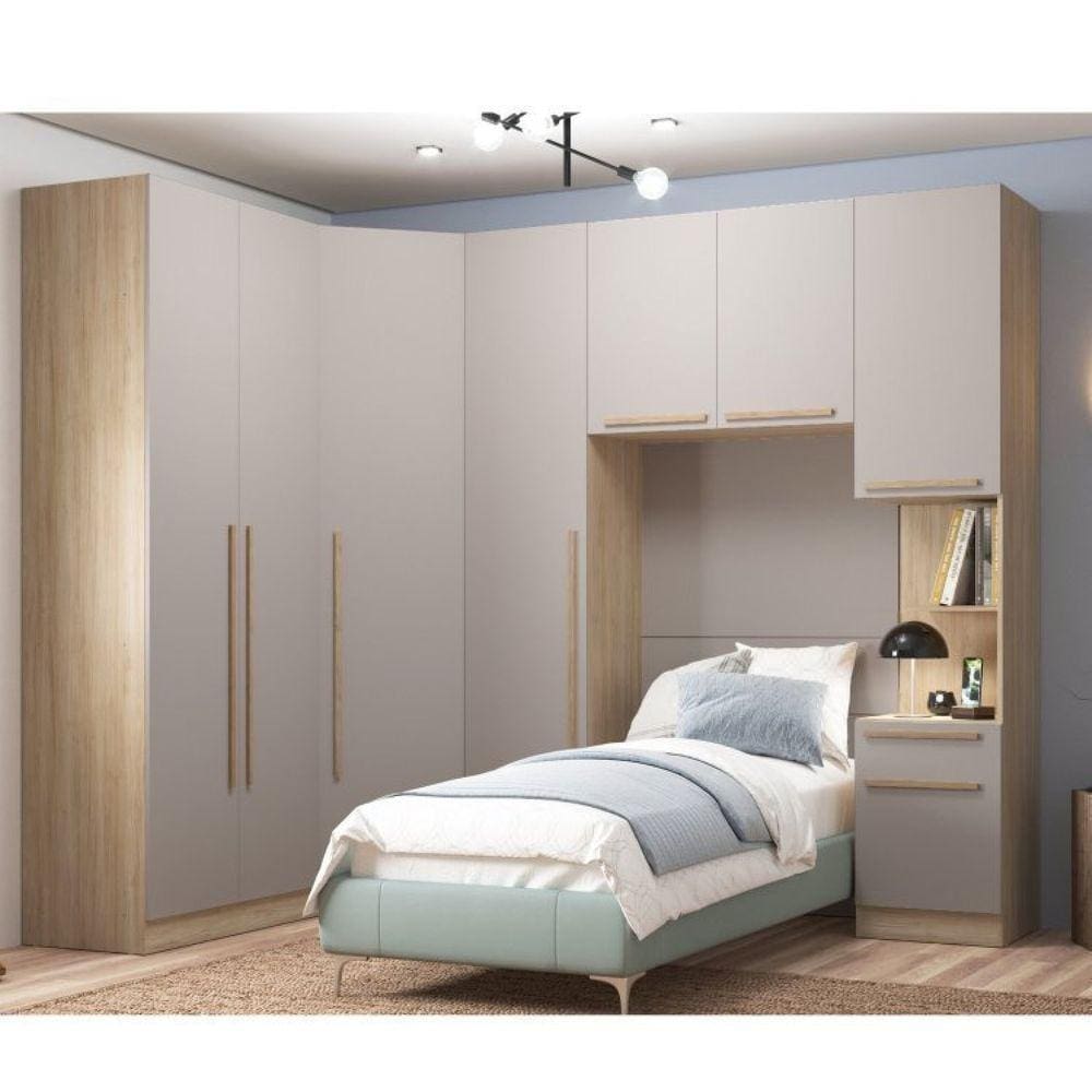 Dormitório Modulado 5 Peças 3 Guarda Roupas 1 Mesa de Cabeceira 1 Módulo Ponte San Diego Aveiro Oak/Cinza Urbano