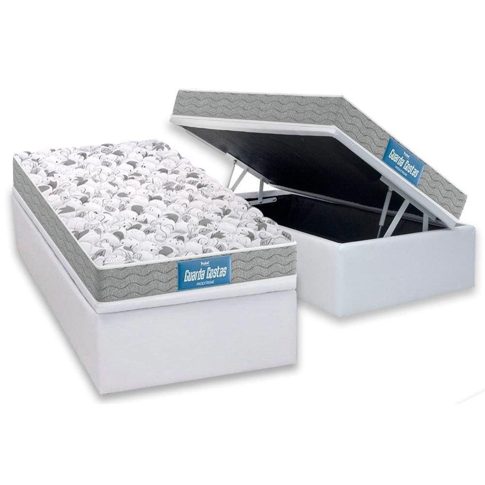 Cama Box Baú Solteiro: Colchão Anatômico Probel D45 / EP Guarda Costas PróExtreme Plus Double Face + Base CRC Courano White(88x188)