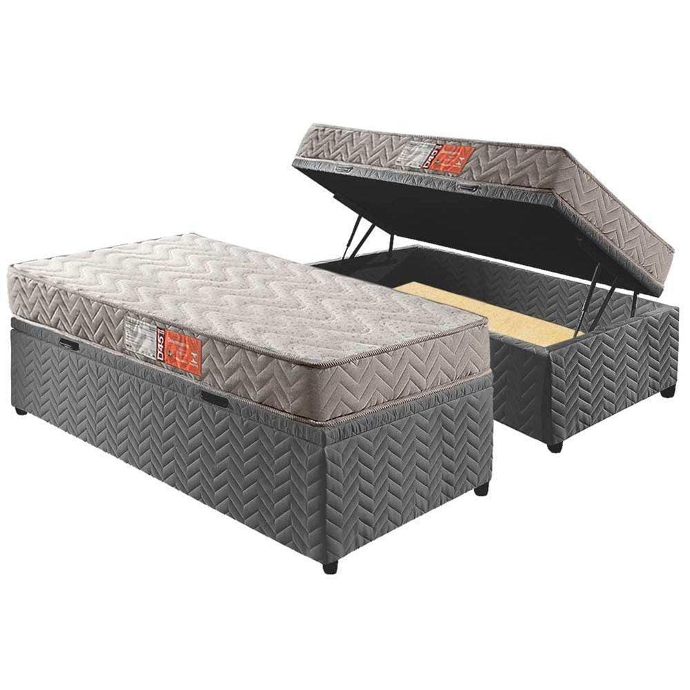 Cama Box Baú Solteiro: Colchão Espuma D45 Paropas Pasquale + Base CRC Suede Gray(88x188)