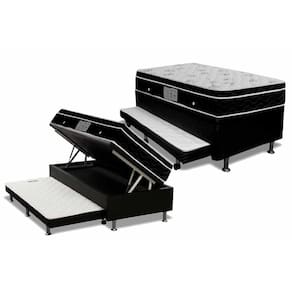 Cama Box Baú c/Auxiliar Solteiro: Colchão Molas Ortobom Nanolastic Physical + Base CRC Courano Black(88x188)