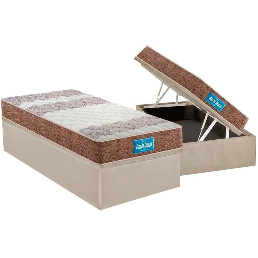 Cama Box Baú Solteiro: Colchão Anatômico Probel D33 / EP Guarda Costas PróIntense Plus Double Face + Base CRC Suede Clean(88x188)
