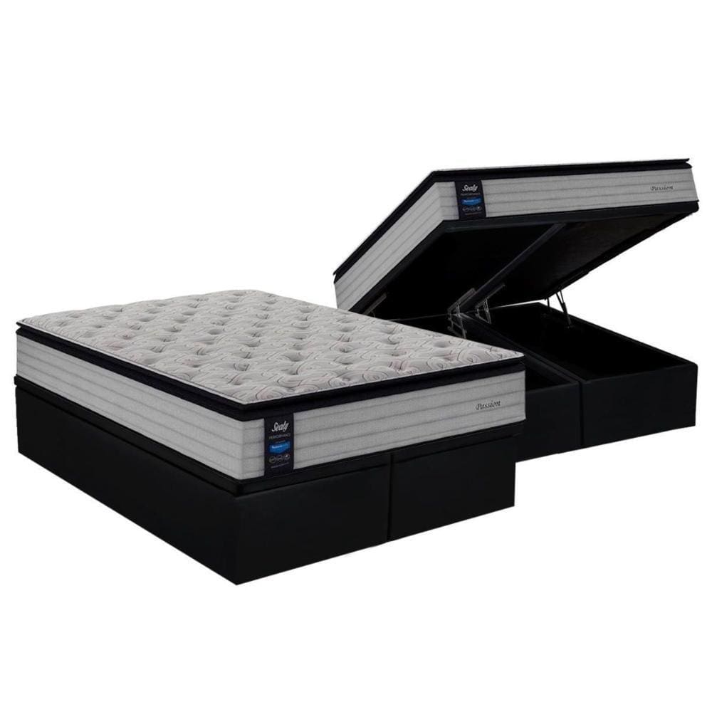 Cama Box Baú King: Colchão Molas Ensacadas Sealy Posturepedic Passion + Base CRC Suede Preto(193x203)