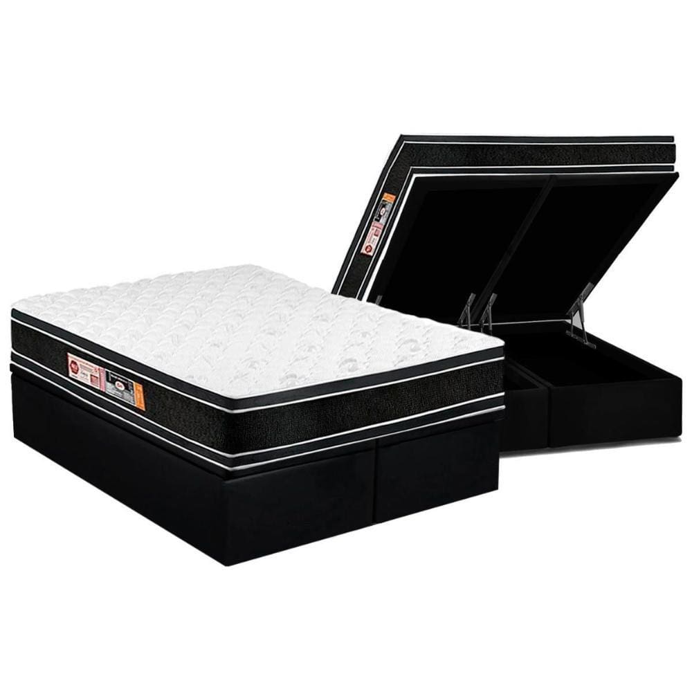 Cama Box Baú King: Colchão Espuma D33 Castor Black e White Double Face + Base CRC Suede Black(193x203)