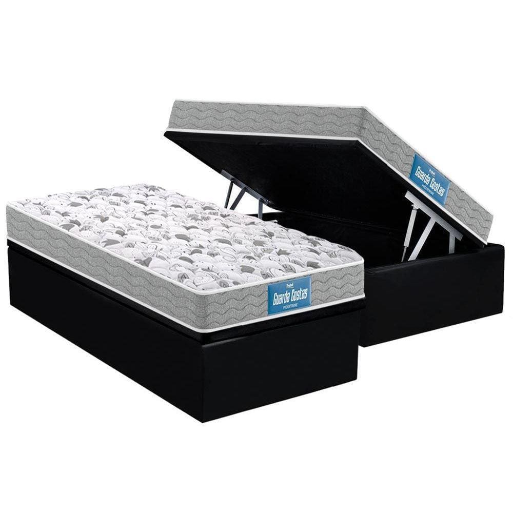 Cama Box Baú Solteiro: Colchão Anatômico Probel D45 / EP Guarda Costas PróExtreme Plus Double Face + Base CRC Suede Black(88x188)