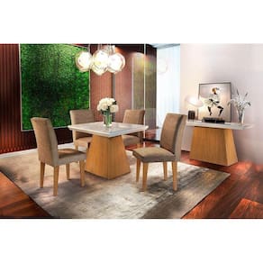 Sala de Jantar Completa Luna Tampo Madeirado c/ Vidro Canto Reto 90x90cm e 4 Cadeiras Grécia Imbuia/Chocolate Capuccino - Rufato