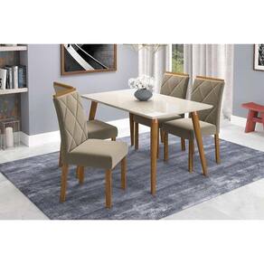 Conjunto: Mesa Sala Jantar Adele c/ Tampo Madeirado 130cm + 4 Cadeiras Fernanda Madeira/OW/Joli - Cimol