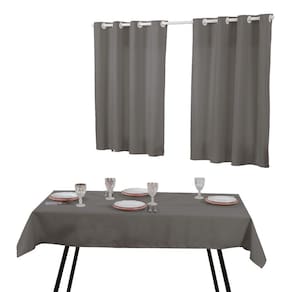 Kit Cortina Para Cozinha E Toalha De Mesa 6 Cadeiras Cinza