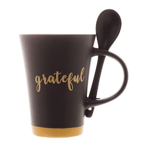 Caneca Cerâmica C/ Colher Grateful Preto Amarelo 310ml Wolff