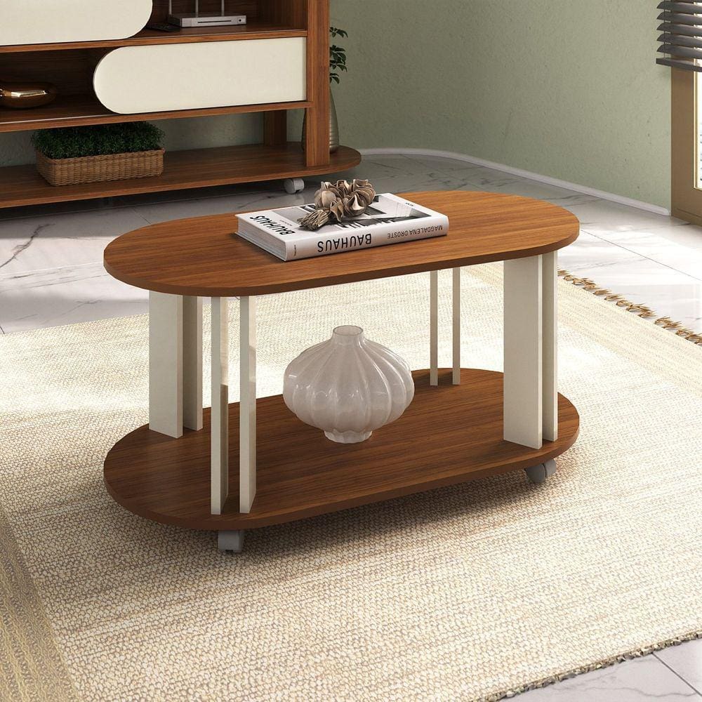 Mesa de Centro com Rodizios e Bordas Arredondadas Universo Cedro/Off White