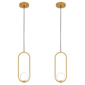 Kit 2 Luminárias Pendente Arco Globo Vidro Sala Cama Dourado
