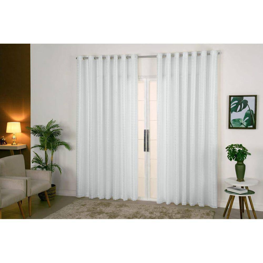 Cortina Voil Xadrez 3X2,80 C/Forro Microfibra P Varão Branca