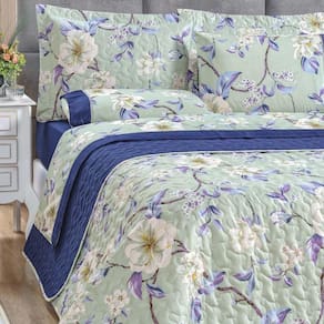 Kit Cobre Leito Solteiro Diamond Dupla Face Azul Flowers