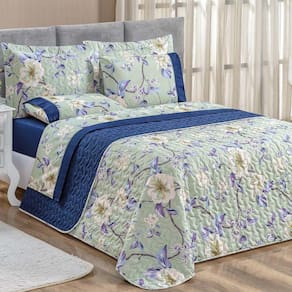 Kit Cobre Leito Casal Diamond Dupla Face Azul Flowers Flores