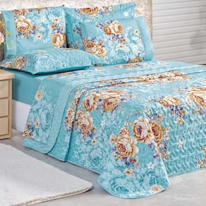 Kit Cobre Leito Casal Diamond Dupla Face Turquesa Florido