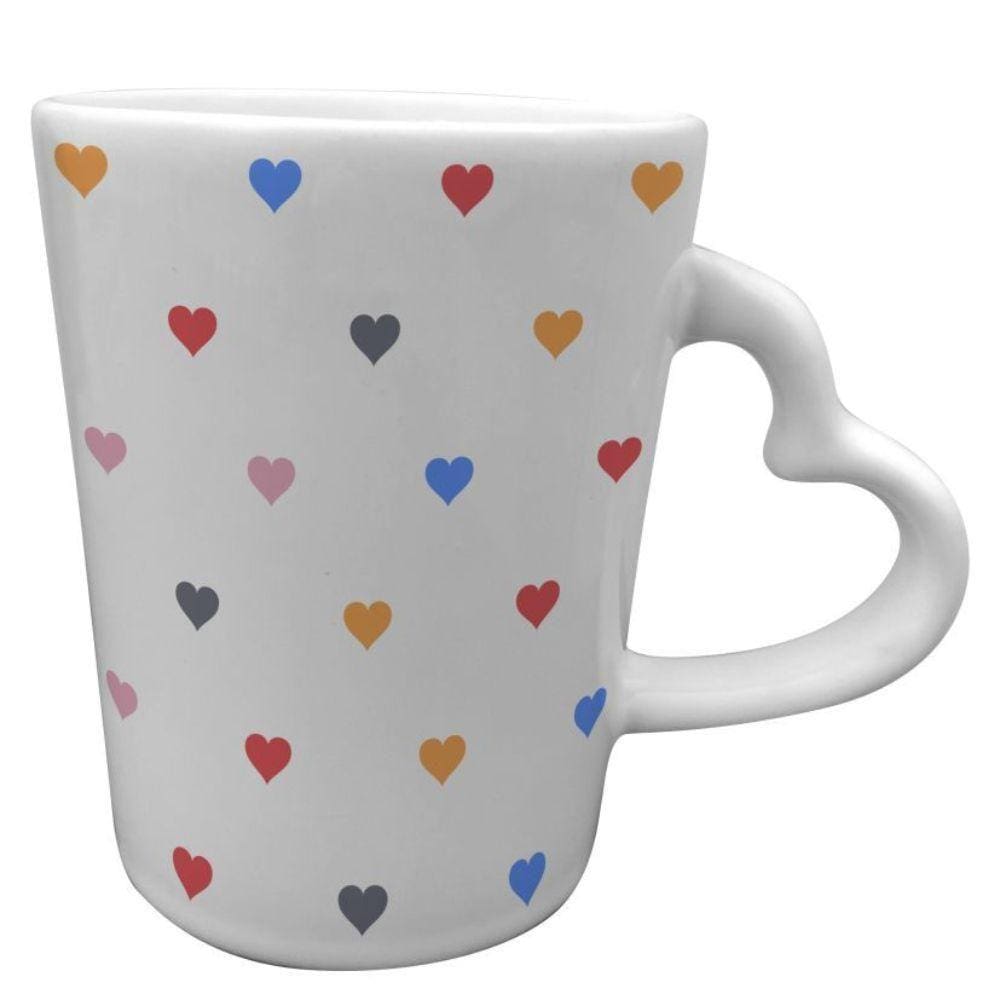 Caneca Cerâmica 270Ml Branca Alça E Estampa Coração Colorido