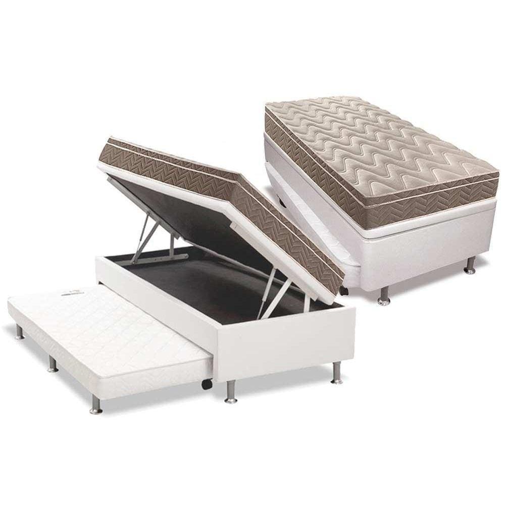 Cama Box Baú c/Auxiliar Solteiro: Colchão Anatômico Paropas D28 / EP Pasquale Euro Pillow + Base CRC Courano White(88x188)